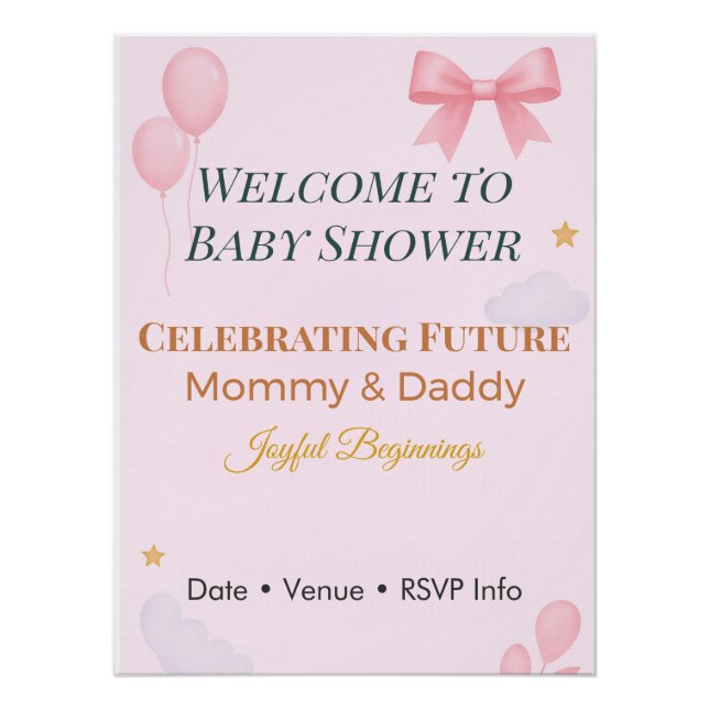 Baby Shower Invitation Pink Bow Joyful Beginnings  Poster (Front)