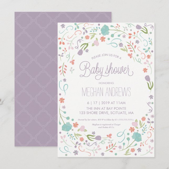 Baby Shower Invitation - Pretty Flowers, Girl (Front/Back)
