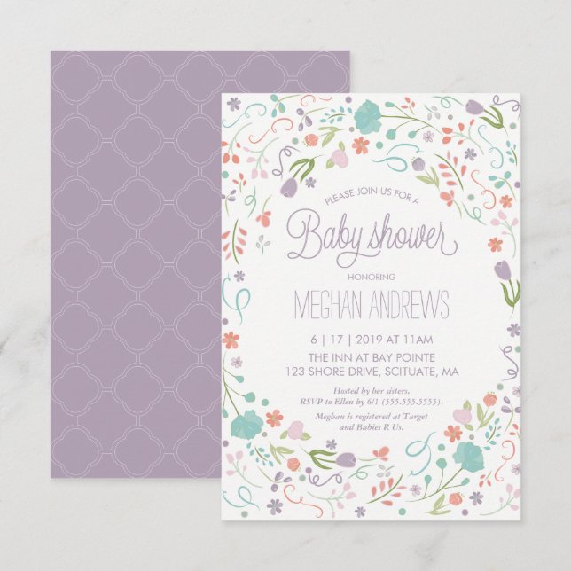 Baby Shower Invitation, Pretty Flowers Girl Invite (Front/Back)