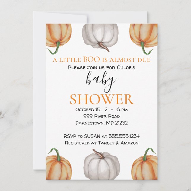 Baby Shower Invitation, Pumpkin, Fall, Boy or Girl Invitation (Front)