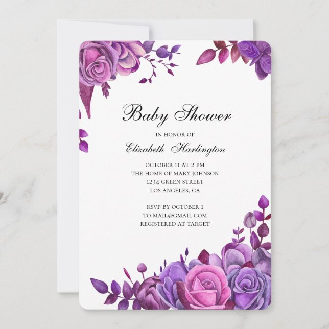 Baby shower invitation. Purple and pink flowers Invitation (Front)