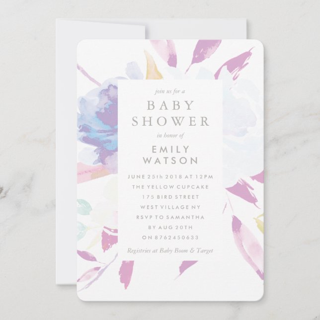 Baby Shower Invitation Purple Floral Watercolor (Front)