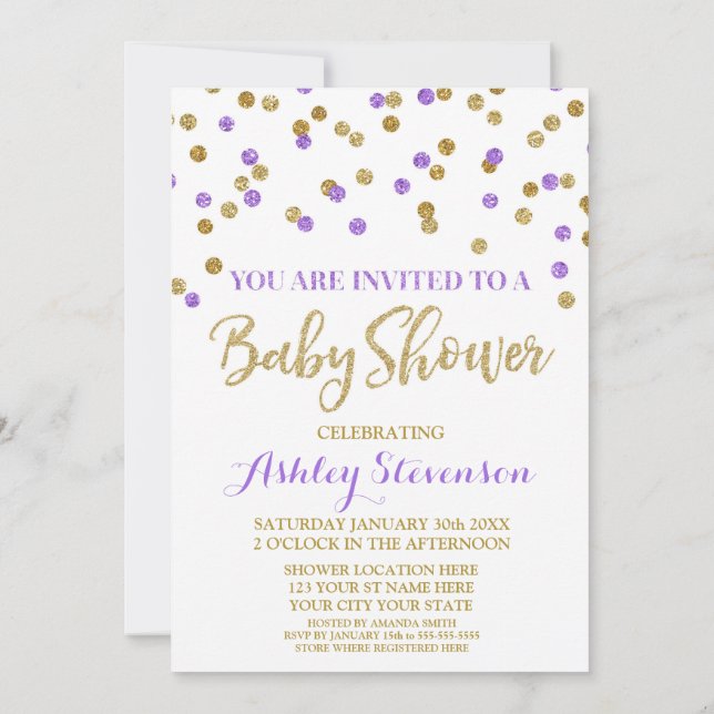 Baby Shower Invitation Purple Gold Confetti (Back)