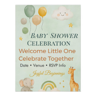Baby Shower Invitation | Rainbow | Elephant | Cute Poster
