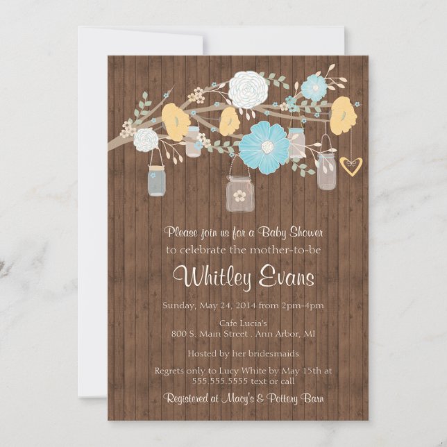Baby shower invitation, rustic floral mason jars invitation (Front)