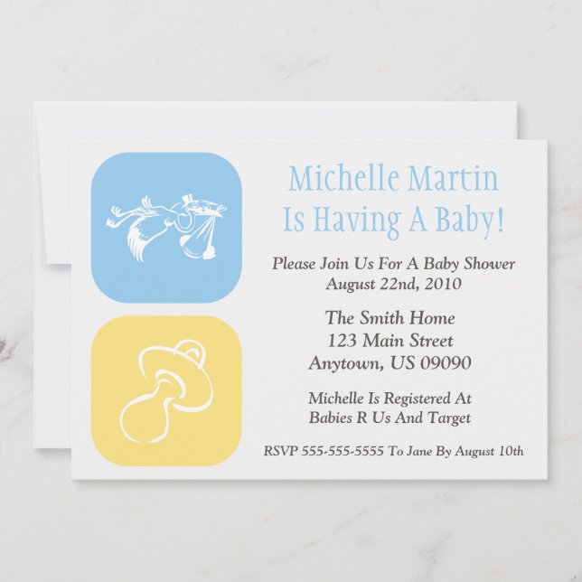 Baby Shower Invitation Stork/Pacifier Blue/Yellow (Front)