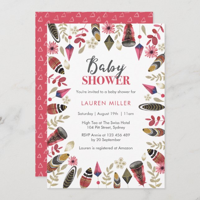 Baby Shower invitation | Tribal boho feathers (Front/Back)