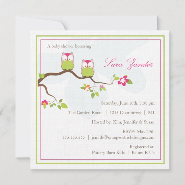 Baby Shower Invitation - Twin Girl Baby Owls (Front)