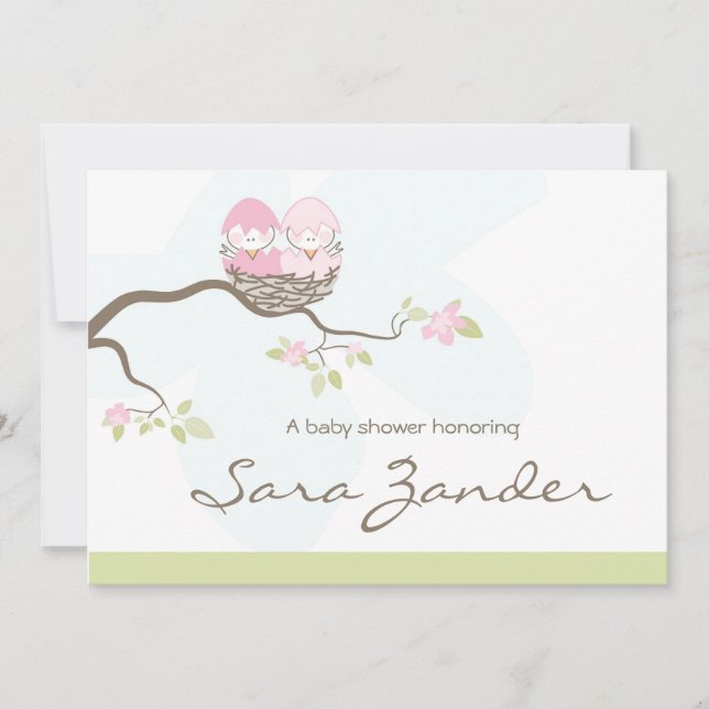 Baby Shower Invitation - Twin Pink Baby Birds (Front)
