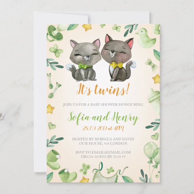 Baby Shower Invitation Twins | Neutral | Cute cats (Front)