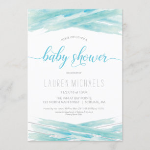 Baby Shower Invitation - Watercolor, Blue, Silver