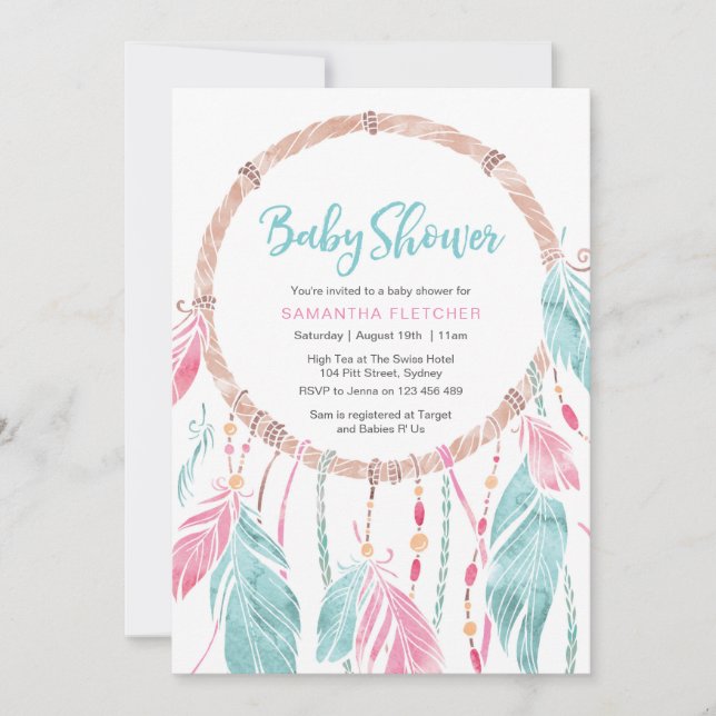 Baby Shower invitation | Watercolor dream catcher (Front)