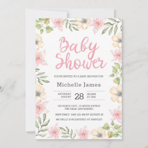 Baby Shower Invitation   White and pink flowers