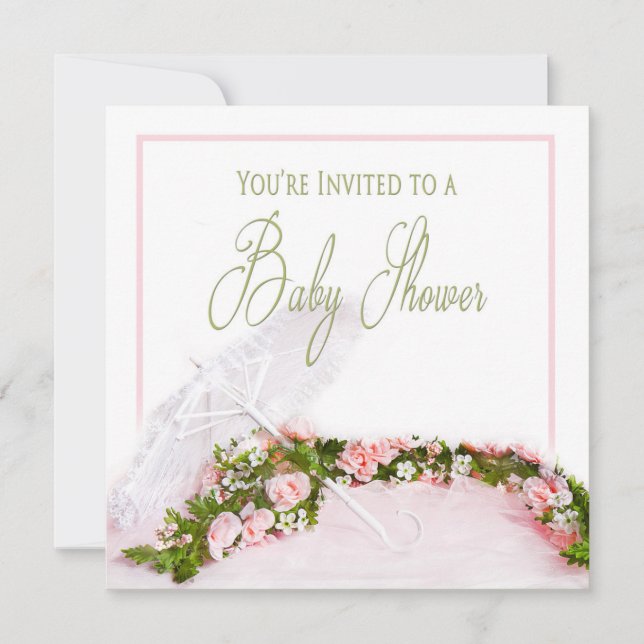 Baby Shower Invitation-White Parasol-Rose Garland Invitation (Front)