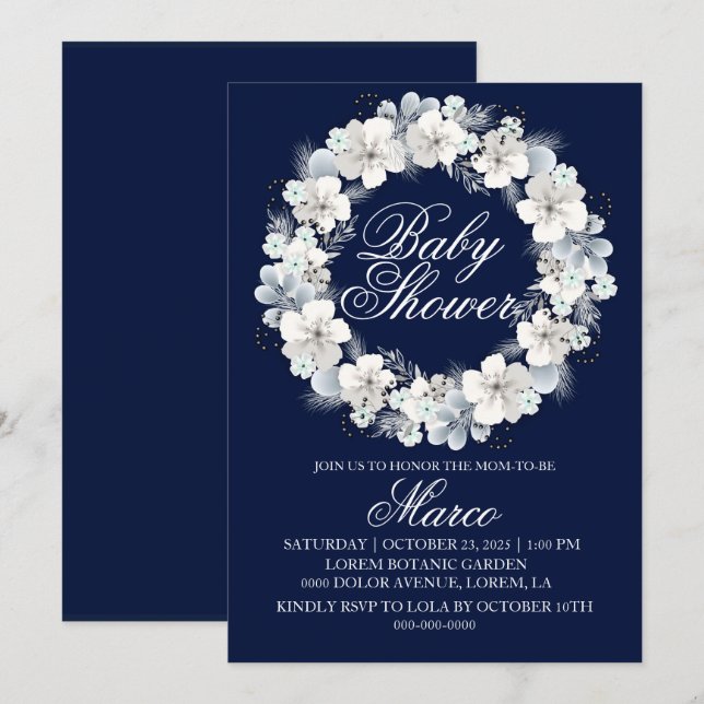 Baby shower invitation white sakura navy blue (Front/Back)