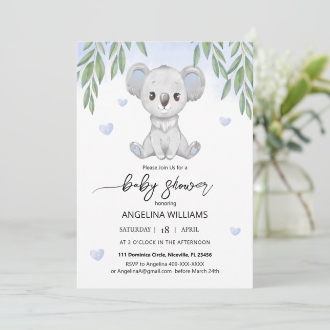 Baby shower invitation with a cute koala. (Standing Front)