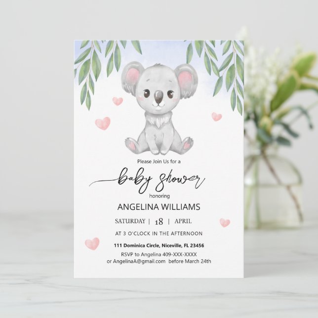 Baby shower invitation with a cute koala. (Standing Front)