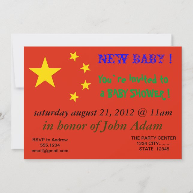 Baby Shower Invitation with Flag of China (Front)