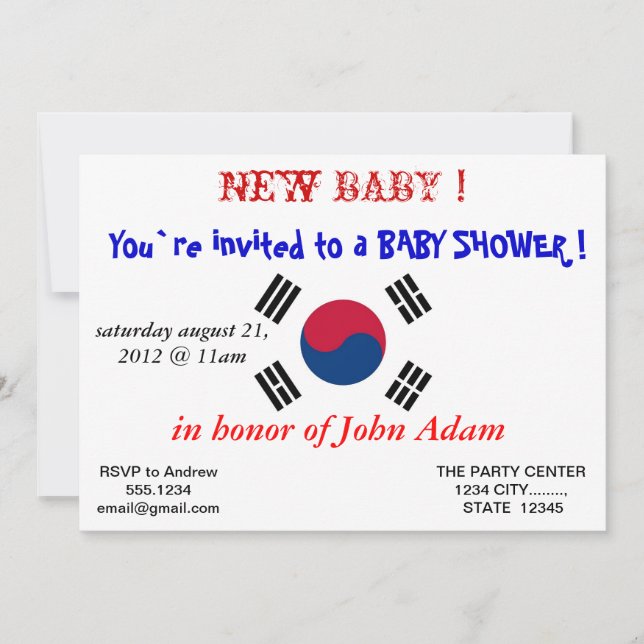Baby Shower Invitation with Flag of South Korea (Front)