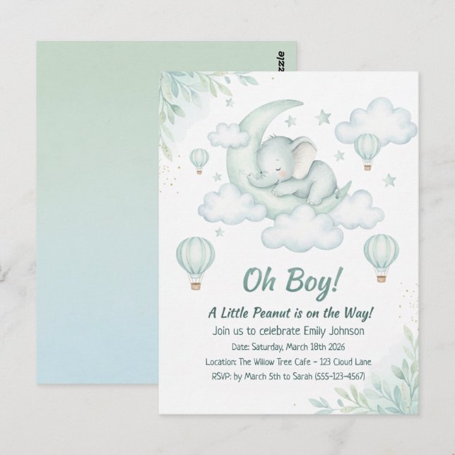 Baby Shower invitation with Sleeping Baby Elephant Postcard (Front/Back)