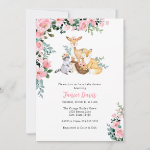 Baby Shower Invitation, Woodland Pink Animals Girl Invitation