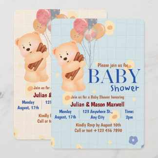 Baby Shower Invitations - Beige and Blue Cute Bear