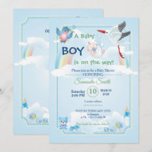 baby shower invitations for boys with funny stork