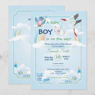 baby shower invitations for boys with funny stork