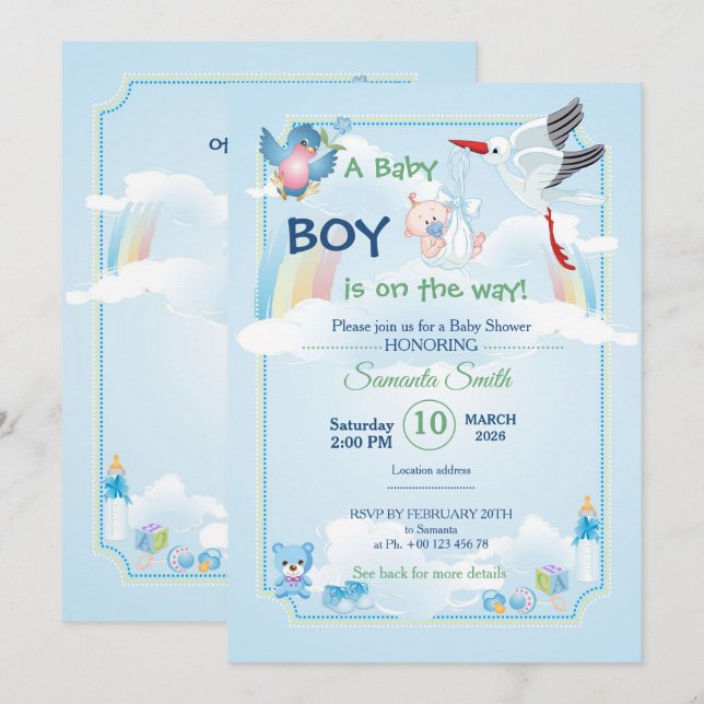 baby shower invitations for boys with funny stork (Front/Back)
