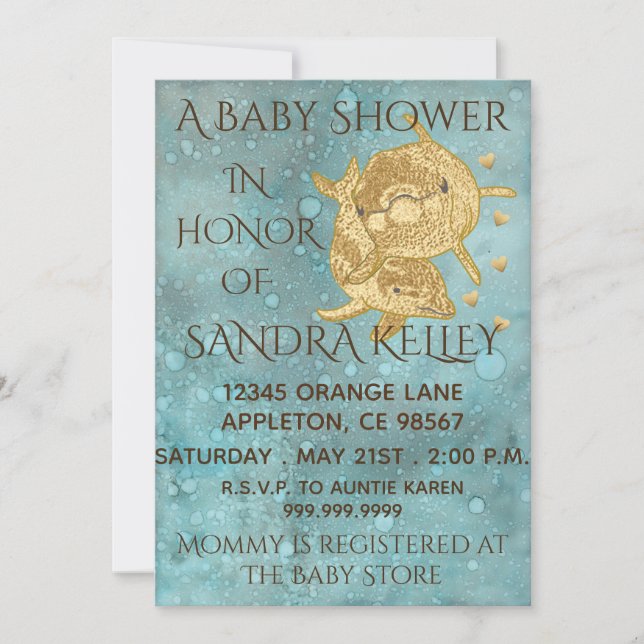 Baby Shower Invitations "Gold Dolphins/Mum & Baby" (Front)