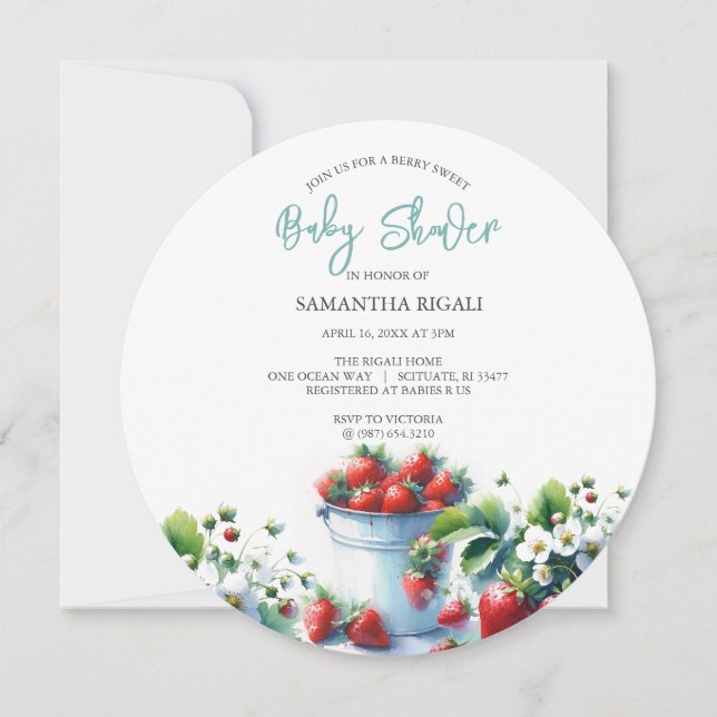 Baby Shower Invitations Watercolor Strawberries (Front)