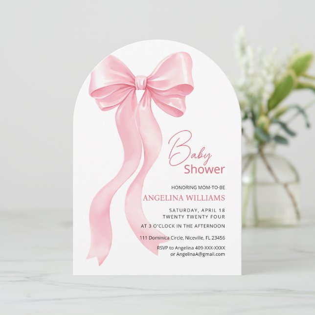 Baby shower invitations with adorable bow. (Standing Front)