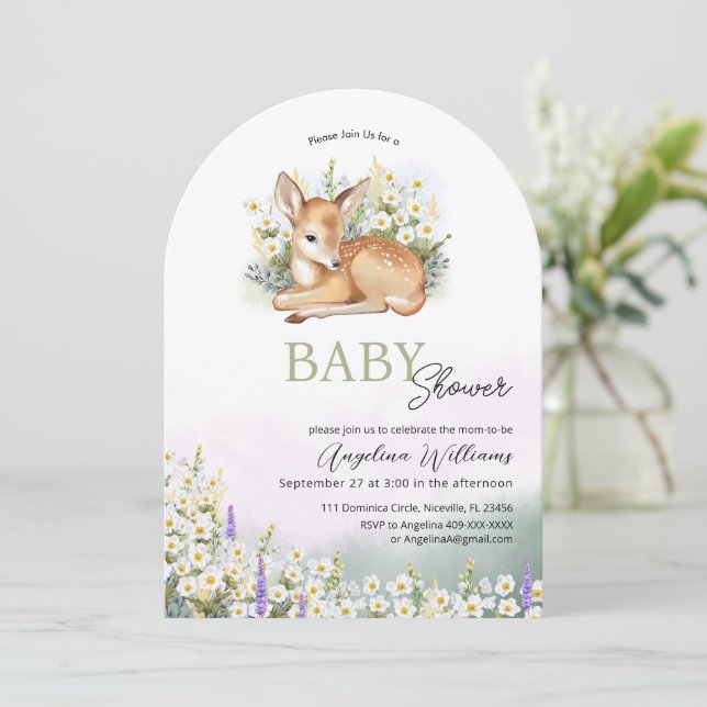 Baby shower invitations with an adorable  fawn. (Standing Front)