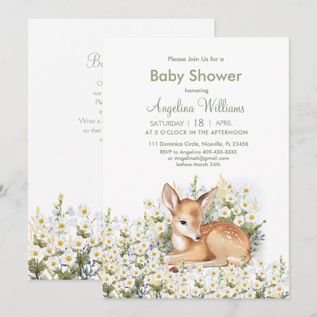 Baby shower invitations with an adorable  fawn. (Front/Back)