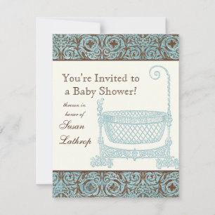 Baby Shower Invite - Blue Brown Damask Cradle