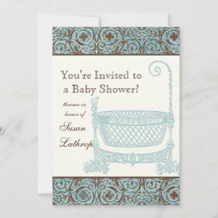 Baby Shower Invite - Blue Brown Damask Cradle