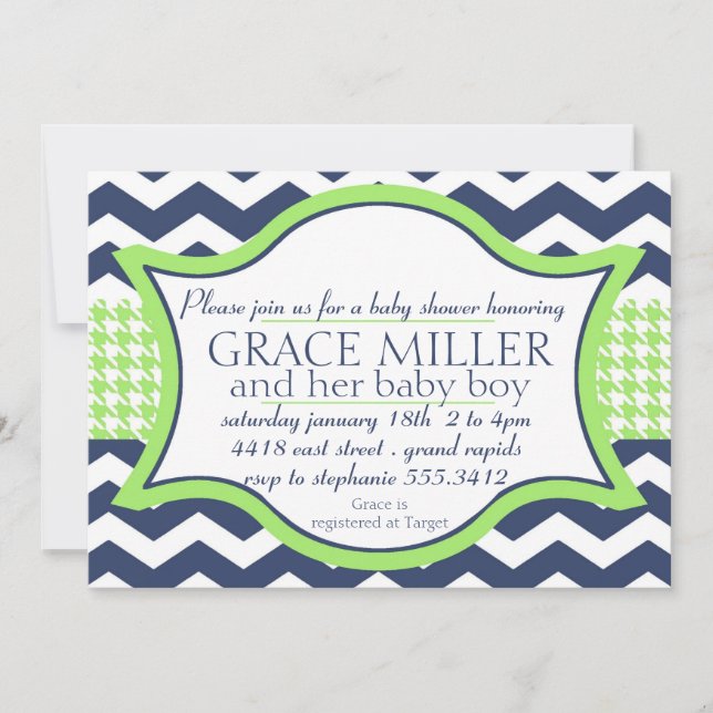 Baby shower invite. blue chevron bright green invitation (Front)
