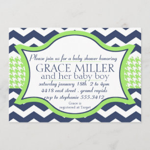 Baby shower invite. blue chevron bright green invitation