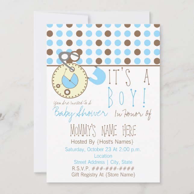 Baby Shower Invite - Blue Diaper Pin & Polka Dot (Front)