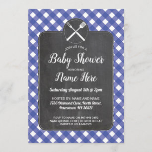 Baby Shower Invite Blue Gingham Chalk BBQ Style