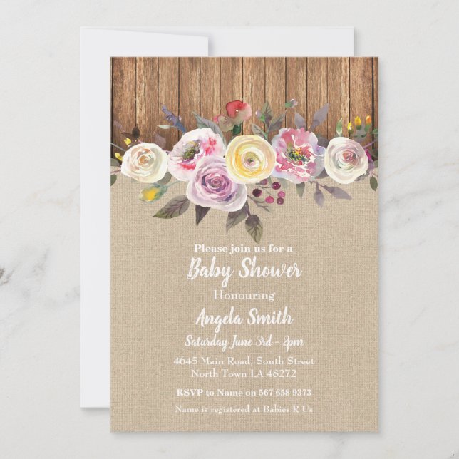 Baby Shower Invite Burlap Wood Floral Rustic Party (Front)