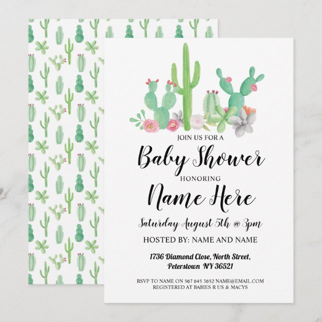 Baby Shower Invite Cactus Print Watercolor (Front/Back)