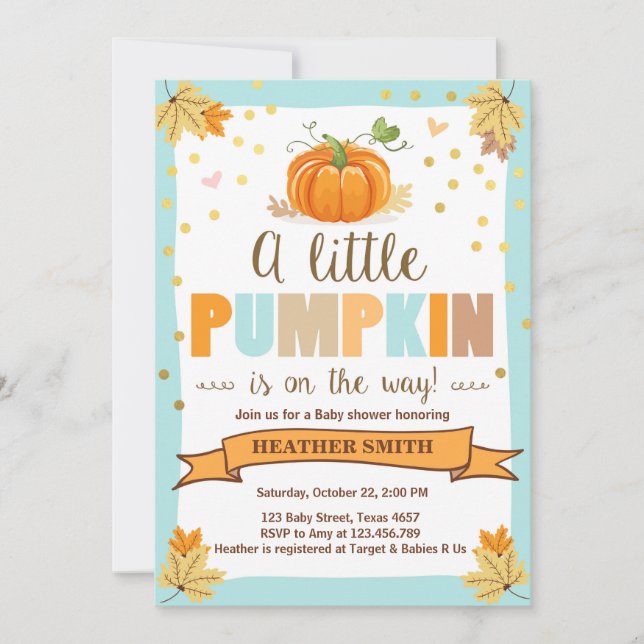 Baby Shower invite Little Pumpkin Blue Boy Fall (Front)