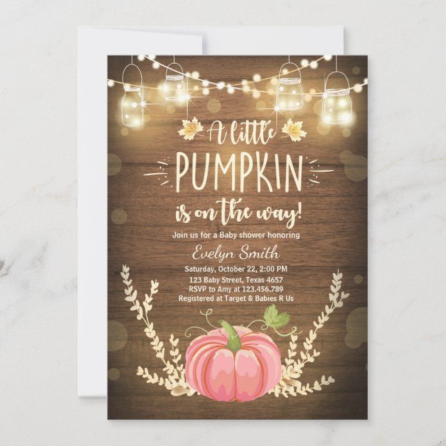 Baby Shower invite Little Pumpkin Fall Rustic Pink (Front)