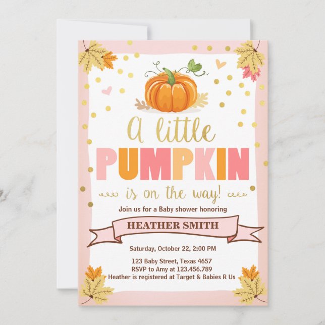 Baby Shower invite Little Pumpkin Pink Girl Fall (Front)