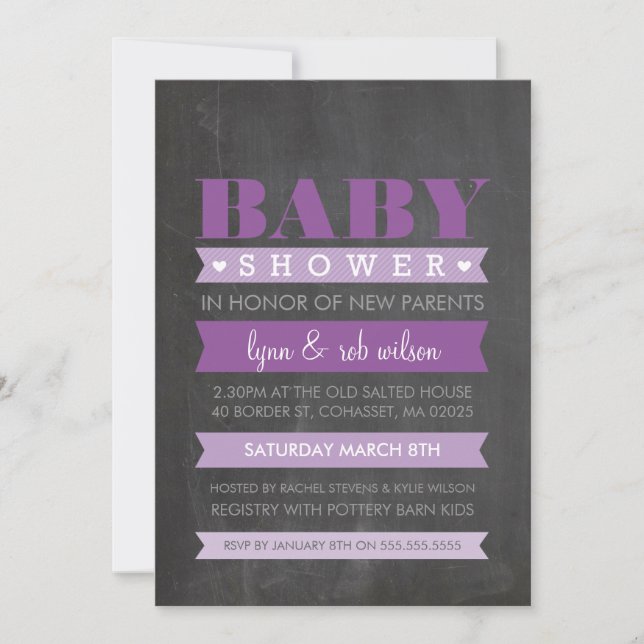 BABY SHOWER INVITE modern chalkboard purple (Front)