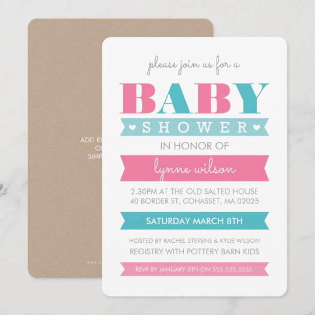 BABY SHOWER INVITE modern gender reveal pink blue (Front/Back)