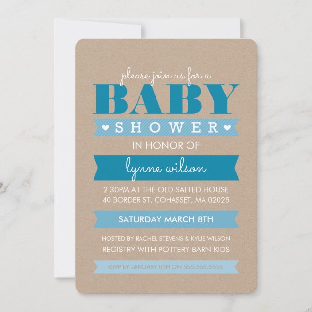 BABY SHOWER INVITE modern rustic kraft white BLUE (Front)