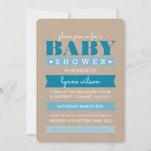 BABY SHOWER INVITE modern rustic kraft white BLUE