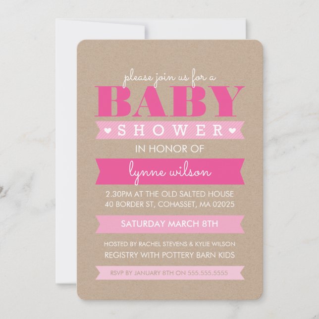 BABY SHOWER INVITE modern rustic kraft white pink (Front)